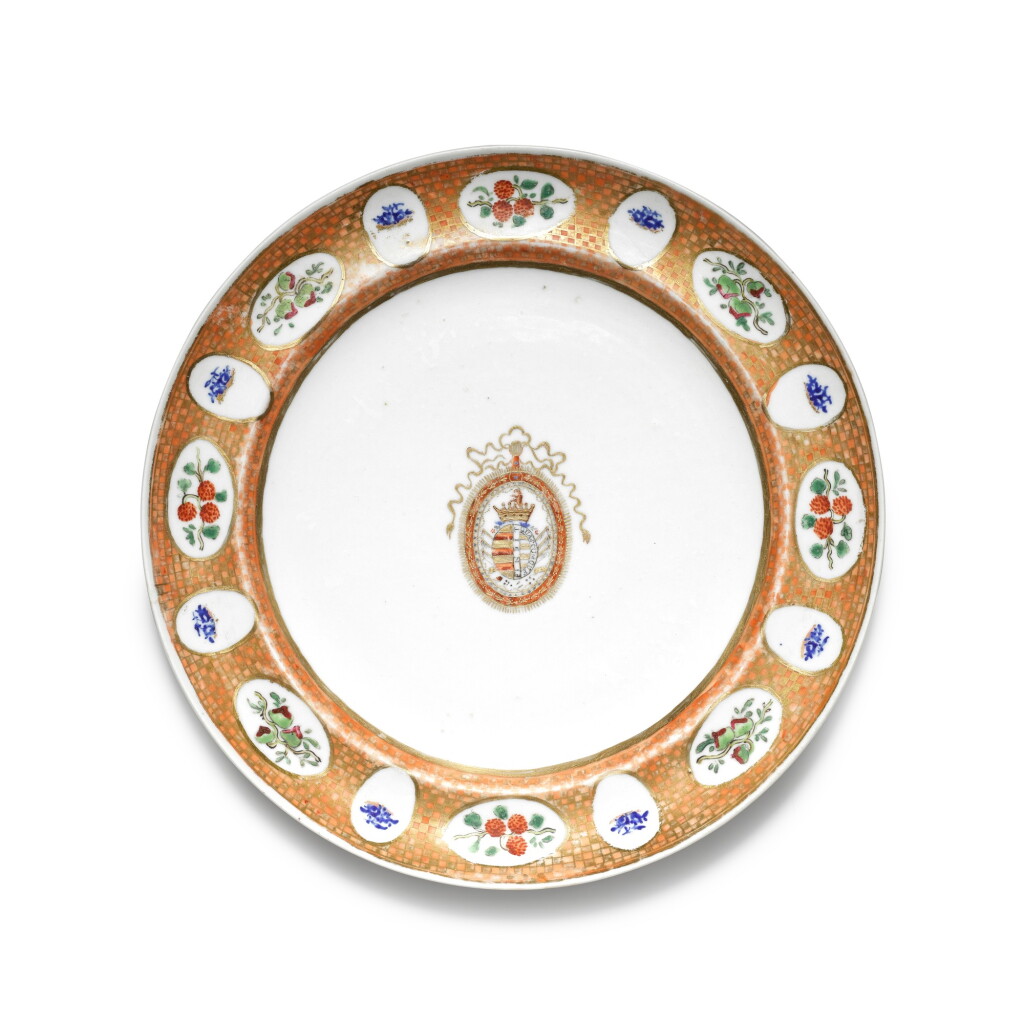 View full screen - View 1 of Lot 318. A famille-rose armorial dish for the Portuguese market, Qing dynasty, circa 1810.