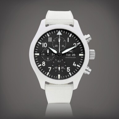 View full screen - View 1 of Lot 8908. Pilot Top Gun "Lake Tahoe", Reference IW389105 | A white ceramic chronograph wristwatch with day and date, Circa 2022 | 萬國 | Pilot Top Gun "Lake Tahoe" 型號IW389105 | 白色陶瓷計時腕錶,備日期及星期顯示,約2022年製.