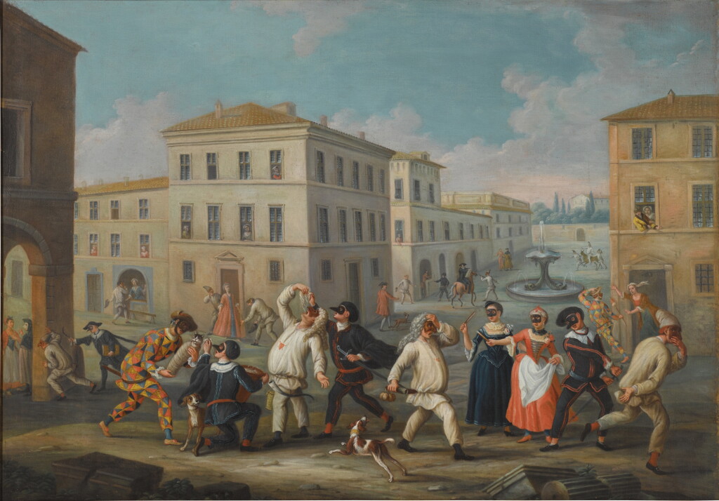 View full screen - View 1 of Lot 96. Carnival scene with figures in Commedia dell'Arte costumes eating spaghetti.
