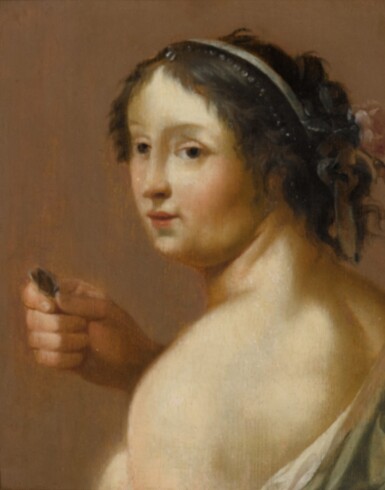 View full screen - View 1 of Lot 86. CORNELIS VAN POELENBURCH | A shepherdess holding a coin, bust-length, facing left.