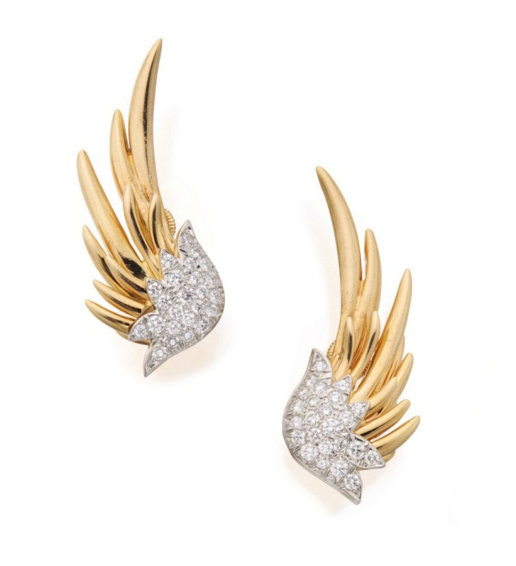 View full screen - View 1 of Lot 18. SCHLUMBERGER FOR TIFFANY & CO. | PAIR OF GOLD AND DIAMOND 'FLAME' EARCLIPS.