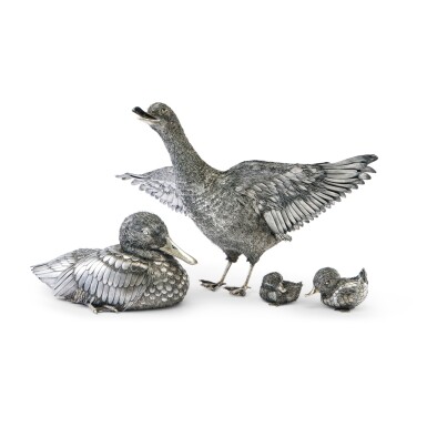 View full screen - View 1 of Lot 153. Two Italian Silver Ducks and Two Ducklings, Attributed to Buccellati, Florence, Late 20th Century.