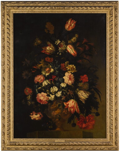 View full screen - View 1 of Lot 65. FRANCESCO MANTOVANO | Still life of flowers in an urn, including tulips, roses and poppies, all on a stone ledge.