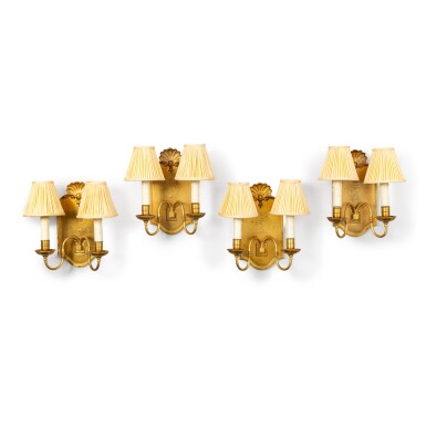View full screen - View 1 of Lot 93. A Set of Four Armorial Engraved Queen Anne Style Gilt-Bronze Two-Branch Wall-Lights, Circa 1930.