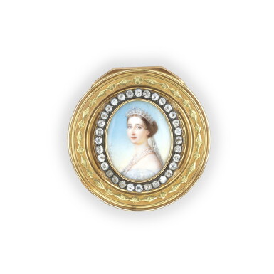View full screen - View 1 of Lot 95. A jewelled gold and enamel circular boîte-à-miniature, probably Geneva or France, circa 1795-1800, the miniature circa 1860 | Boîte-à-miniature ronde en or et émail, probablement Genève ou France, vers 1795-1800, la miniature vers 1860.