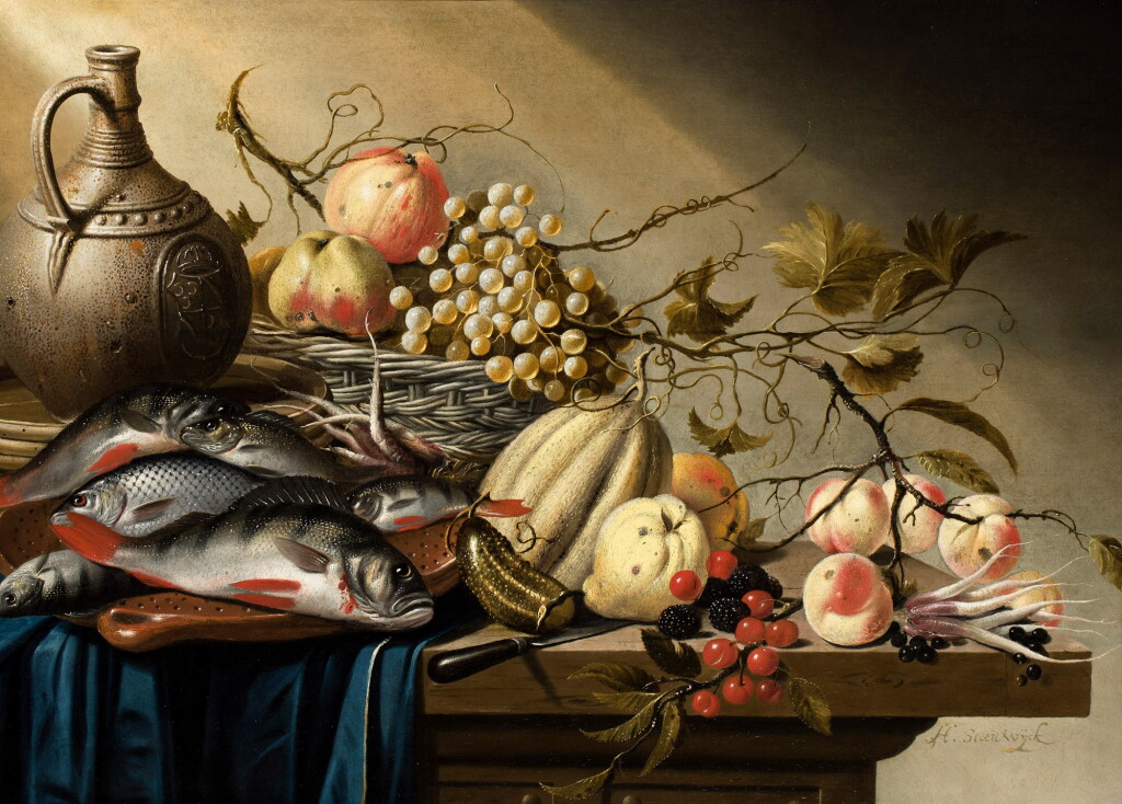 View full screen - View 1 of Lot 45. Still life with freshwater fish, fruit and a jug, all on a draped table.