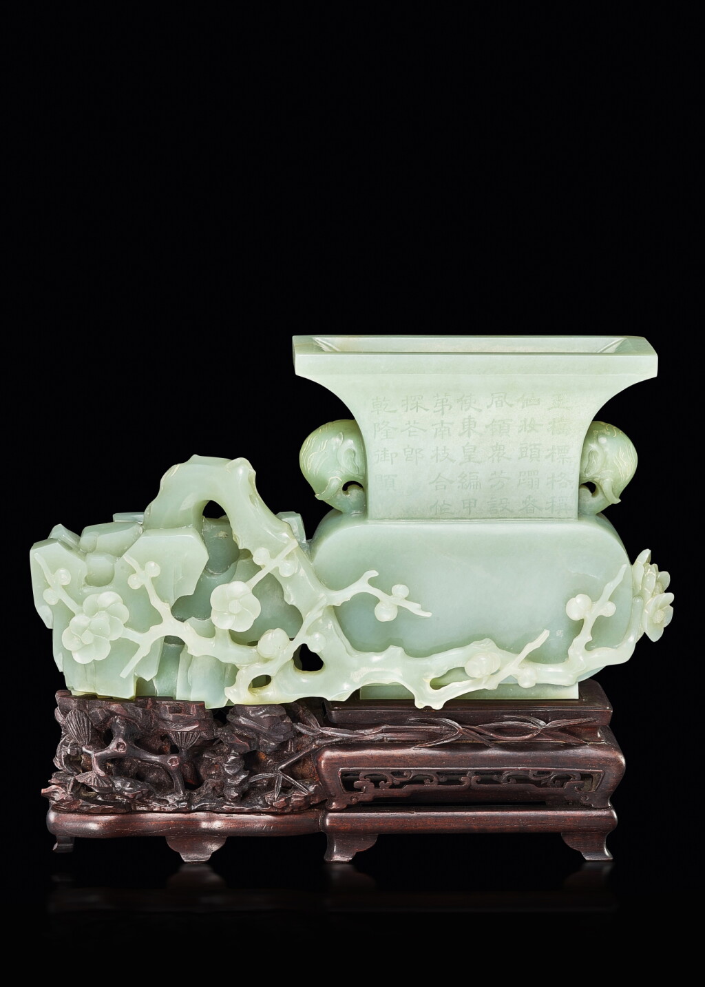 View full screen - View 1 of Lot 3836. A very rare imperial inscribed pale celadon jade 'prunus' vase with original zitan stand, Qing dynasty, Qianlong period | 清乾隆 青白玉御題「梅」象耳方壺 《乾隆御題》款 原配紫檀鏤雕松竹紋座.