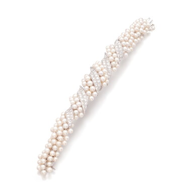 View full screen - View 1 of Lot 639. Lady's cultured pearl and diamond wristwatch.