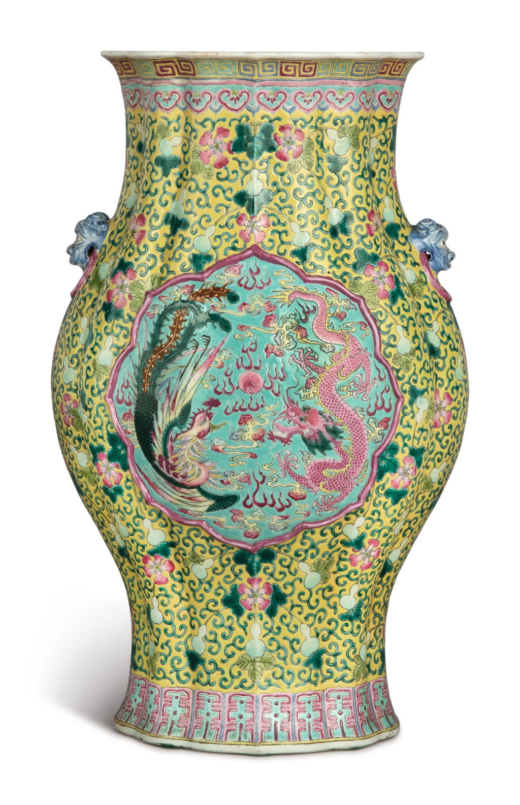 View full screen - View 1 of Lot 1151. A YELLOW-GROUND FAMILLE-ROSE 'DRAGON AND PHOENIX' VASE, LATE QING DYNASTY.