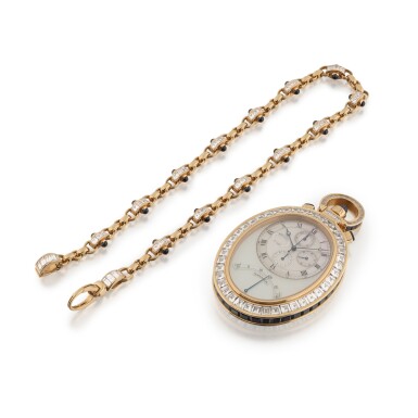 View full screen - View 1 of Lot 20. Ref. 1921BR/52DSS, Unique pink gold diamond and sapphire-set open-faced chronograph watch with thermometer and mother-of-pearl dial Circa 1994 | 寶璣 | 1921BR/52DSS型號獨特粉紅金鑲鑽石及藍寶石計時懷錶,備溫度計及珠母貝錶盤,約1994年製.