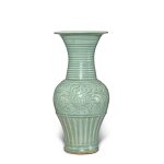 A carved 'Longquan' 'peony' vase, Yuan - early Ming dynasty | 元至明初 龍泉窰青釉牡丹紋鳳尾尊