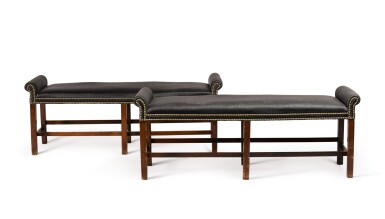 View full screen - View 1 of Lot 82. A pair of George III mahogany two-seat benches, circa 1800.