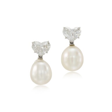 View full screen - View 1 of Lot 51. Cultured Pearl and Diamond Earrings.