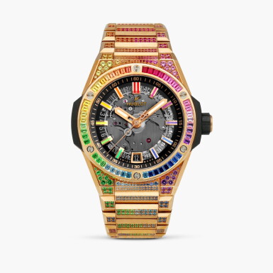View full screen - View 1 of Lot 2168. Big Bang Integrated Time Only King Gold Rainbow, Reference 465.OX.0180.OX.3999 | A king gold and multi-colour gem-set semi-skeletonised wristwatch with date and bracelet, Circa 2023.
