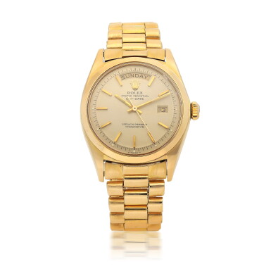 View full screen - View 1 of Lot 412. ROLEX | DAY-DATE, REF 1803 YELLOW GOLD WRISTWATCH WITH DAY, DATE AND BRACELET CIRCA 1970.