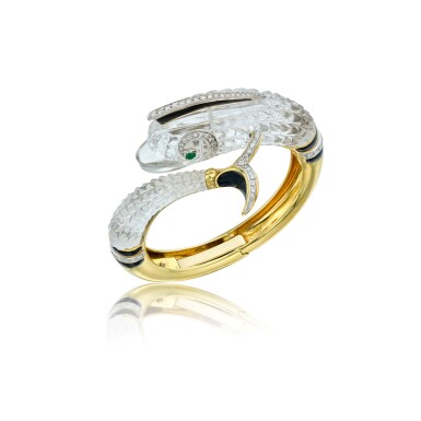 View full screen - View 1 of Lot 136. Gold, Rock Crystal, Enamel, Emerald and Diamond Cuff-Bracelet.