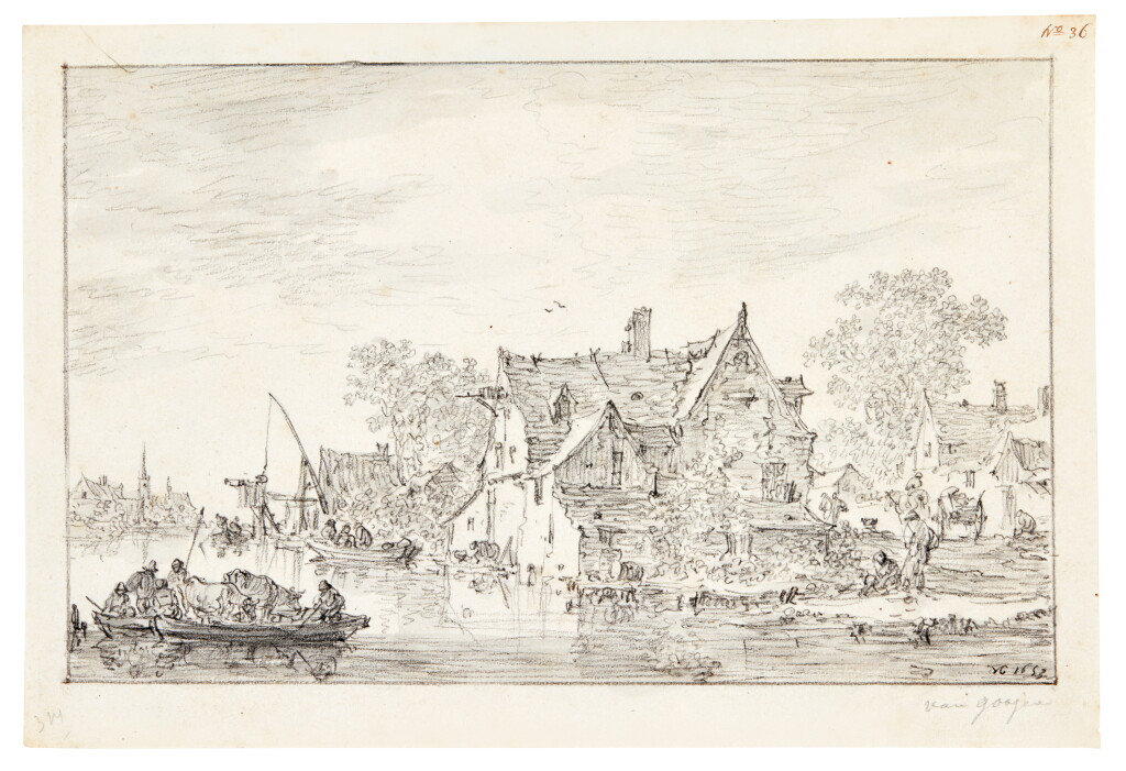 View full screen - View 1 of Lot 68. River landscape with figures and cows in a ferryboat, approaching a village.