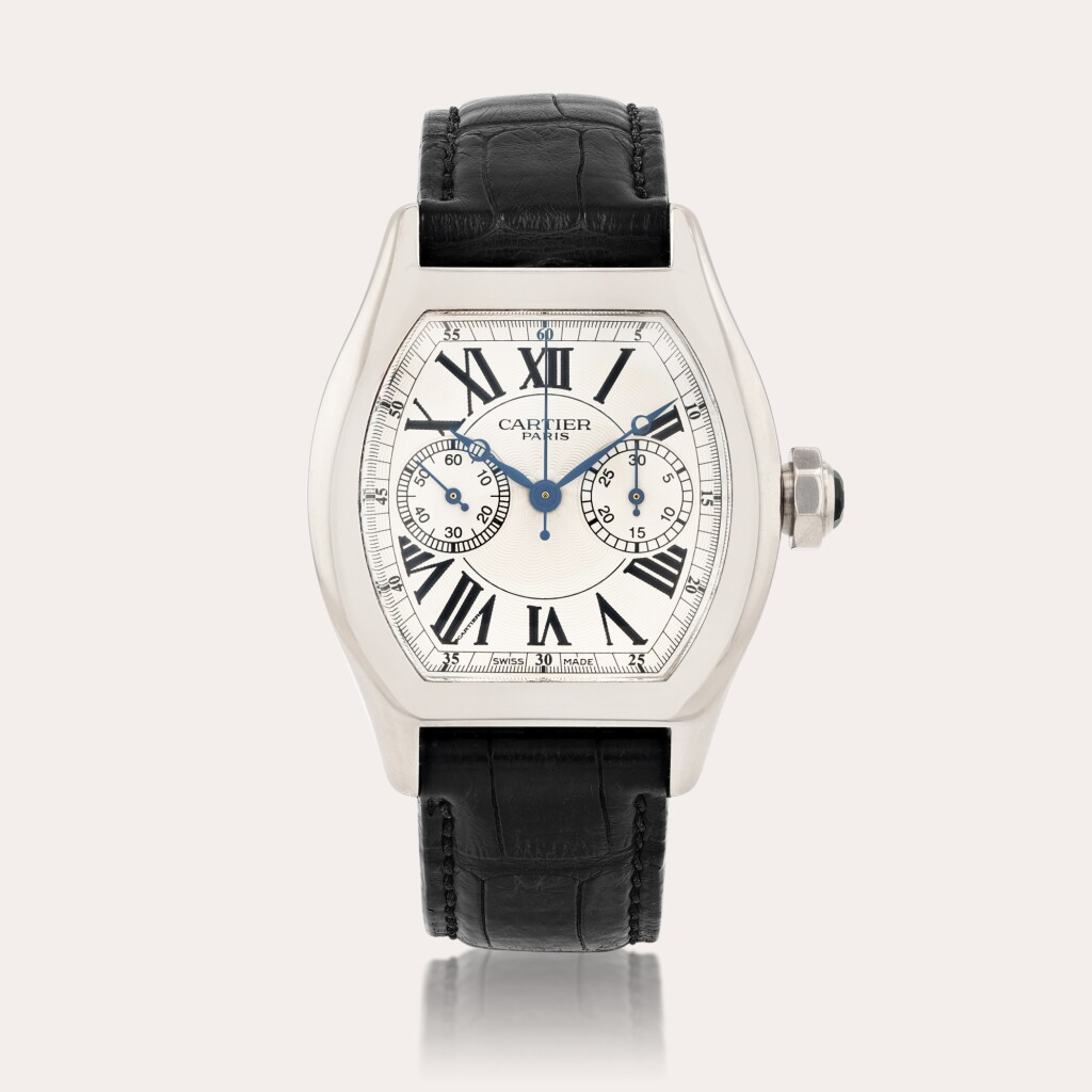 View full screen - View 1 of Lot 427. Tortue, reference 2714 Montre bracelet chronographe monopoussoir en or blanc | White gold monopusher chronograph wristwatch Vers 2005 | Circa 2005.
