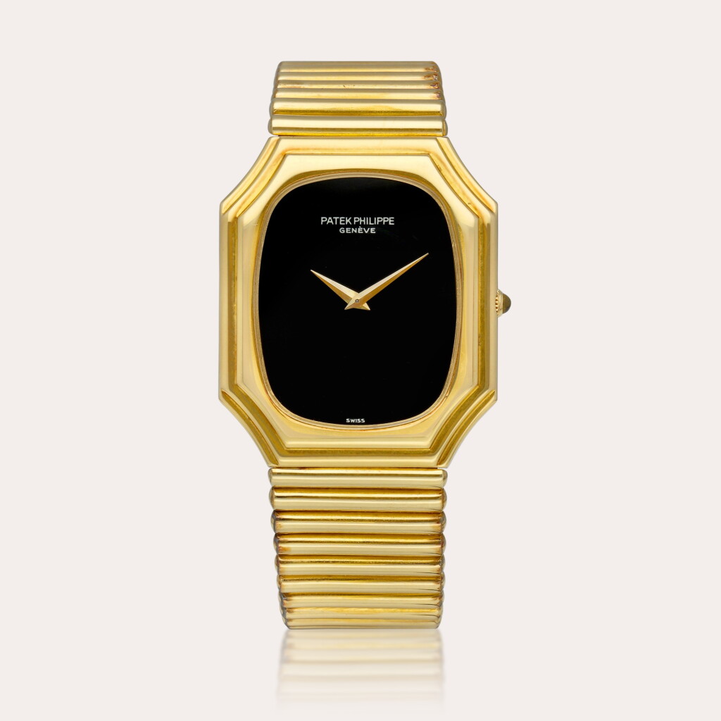 View full screen - View 1 of Lot 2138. Reference 3729 | A yellow gold wristwatch with onyx dial and later gold bracelet, Circa 1981.