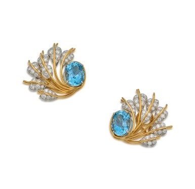 View full screen - View 1 of Lot 1. Pair of Aquamarine and Diamond 'Seven Leaves' Earclips.