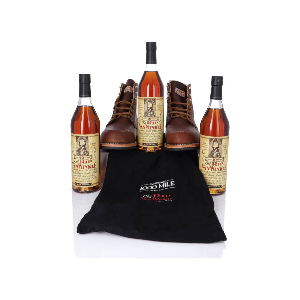 View full screen - View 1 of Lot 85. Old Rip Van Winkle 10 Year Old 107 Proof + Wolverine 1000 Mile Boots Batch #1 NV (3 BT 75cl).