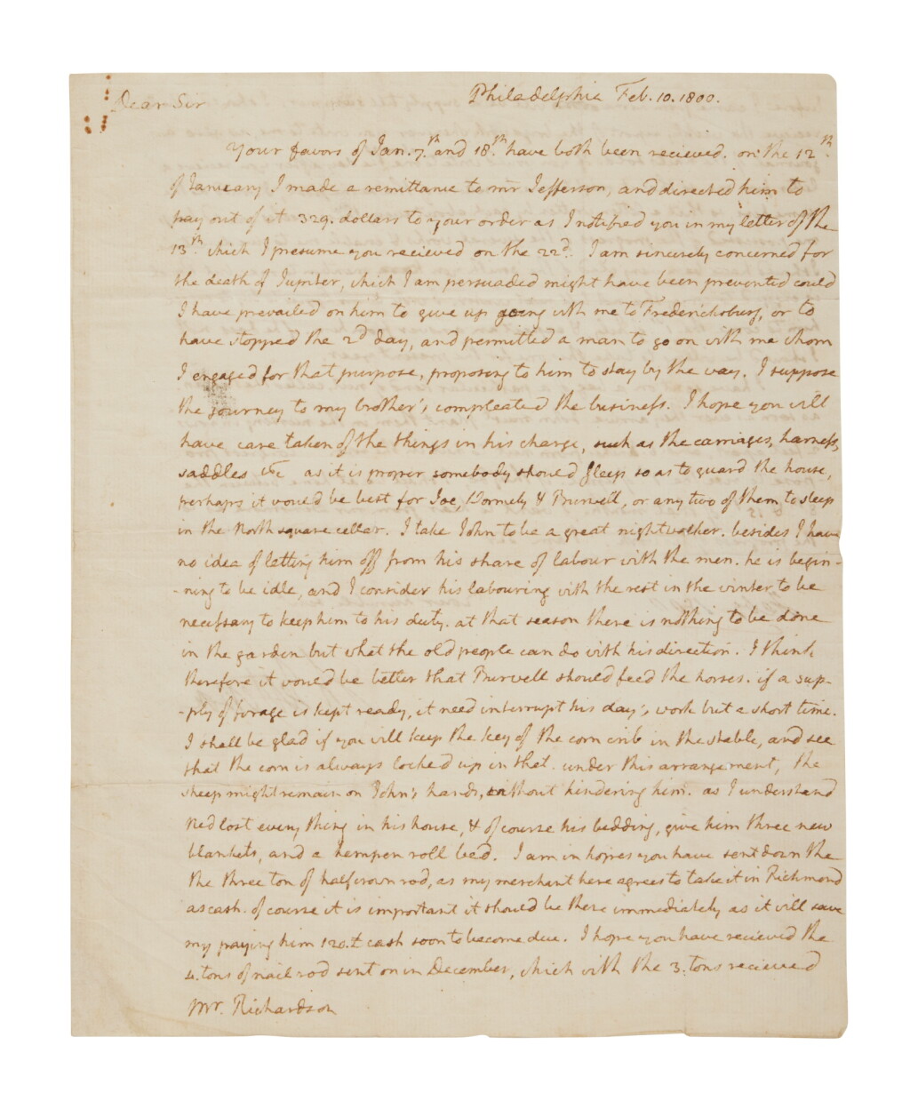 View full screen - View 1 of Lot 1310. Thomas Jefferson | An engrossing letter about Jefferson's management of Monticello, including a lament for the death of an enslaved servant.