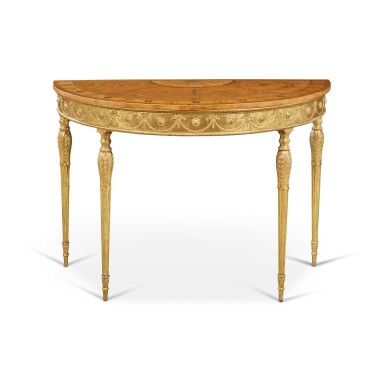 View full screen - View 1 of Lot 127. A George III Satinwood, Tulipwood, Marquetry and Giltwood Demilune Pier Table, Circa 1785.