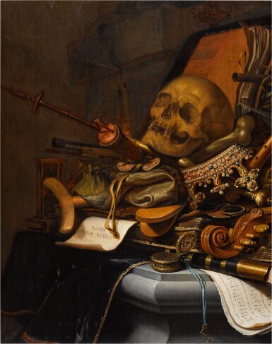 View full screen - View 1 of Lot 323. Vanitas still life with a skull, an hourglass, money bags, a crown, a watch, a telescope, spectacles, a violin, a flute, a candle, a manuscript, and other objects, on a black cloth with a gold trim, covering a stone plinth.