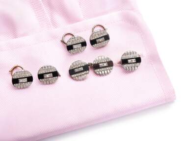 View full screen - View 1 of Lot 1068. CARTIER | HEMATITE AND DIAMOND DRESS SET, 1930S.