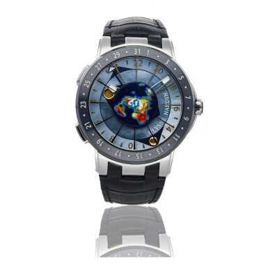 View full screen - View 1 of Lot 313. ULYSSE NARDIN | EXECUTIVE MOONSTRUCK WORLDTIMER 1069-113, A PLATINUM AUTOMATIC WORL TIME WRISTWATCH WITH BLUE MOTHER OF PEARL DIAL CIRCA 2019.