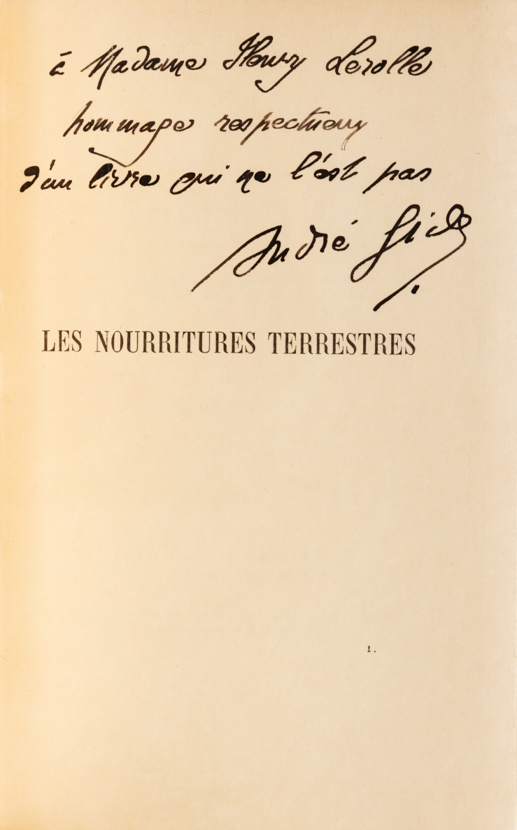 View full screen - View 1 of Lot 33. Les Nourritures terrestres. Paris, 1897. In-12. Reliure de Loutrel. Édition originale. Un des 5 exemplaires de tête sur Japon. Précieux exemplaire sur japon enrichi d’un bel envoi à Madame Henry Lerolle..