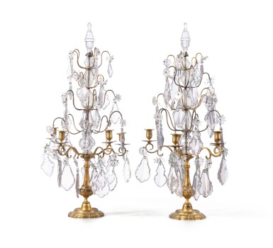 View full screen - View 1 of Lot 207. A PAIR OF RÉGENCE CUT-GLASS, ENGRAVED AND VARNISHED BRONZE, GIRANDOLES, CIRCA 1725 | PAIRE DE GIRANDOLES EN BRONZE GRAVÉ ET VERNI, VERRE TAILLÉ D'ÉPOQUE RÉGENCE, VERS 1725.