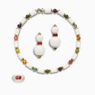 View full screen - View 1 of Lot 1347. Coloured Stone and Ceramic 'Chandra' Demi-Parure | 寶格麗 | 寶石 配 陶瓷 'Chandra' 項鏈 配 耳夾 及 戒指 套裝.