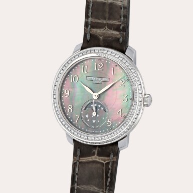 View full screen - View 1 of Lot 308. Reference 4968G-001 | A white gold and diamond-set wristwatch with moon phases and mother of pearl dial | Circa 2014.