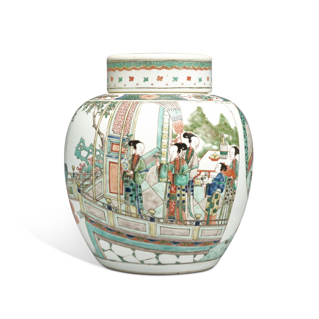 View full screen - View 1 of Lot 693. A famille-verte 'immortals' jar and cover, Qing dynasty, Kangxi period | 清康熙 五彩凡帝訪月圖蓋罐.
