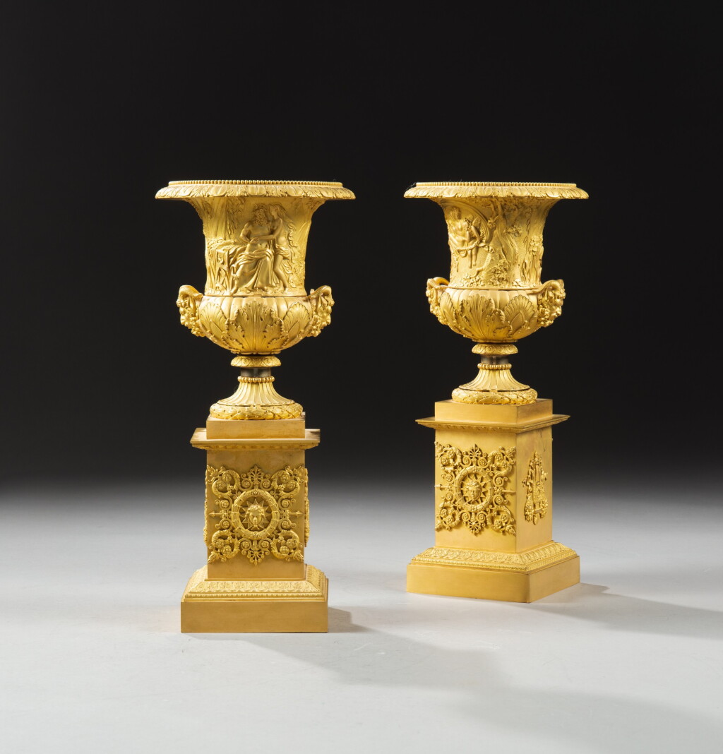 View full screen - View 1 of Lot 67. A pair of mythological gilt-bronze Medici vases, Charles X, circa 1825 | Paire de vases Médicis mythologiques en bronze doré d'époque Charles X, vers 1825.