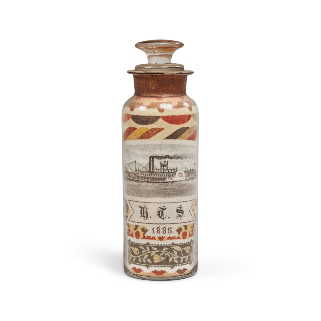 Voir en plein écran - Voir 1 du lot 872. Important Pictured Rock Sand Bottle, Andrew Clemens (1857-1894), McGregor, Iowa, Dated 1885.