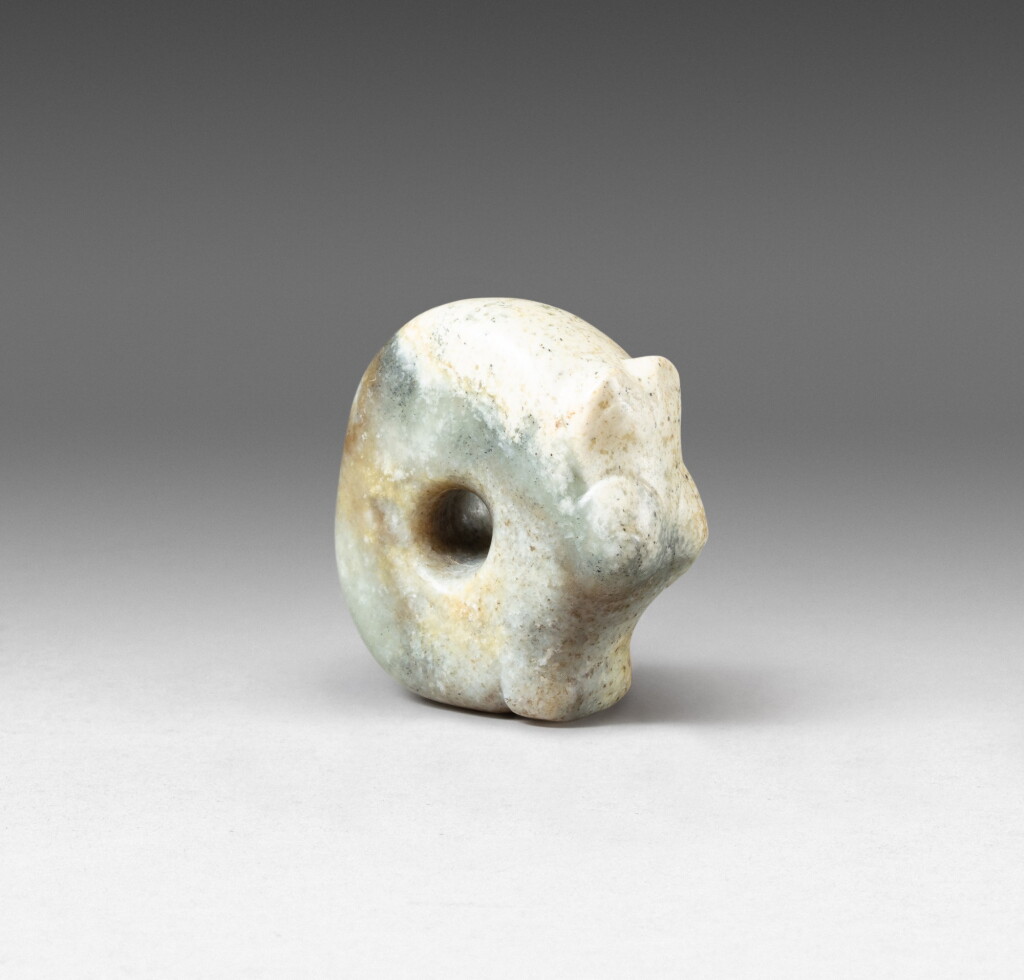 View full screen - View 1 of Lot 38. A 'dragon head' grey and beige jade, partly calcified ornament Probably neolithic, Liangzhu culture | 或為新石器時代 良渚文化 玉龍珮.
