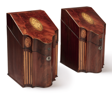View full screen - View 1 of Lot 1146. PAIR OF GEORGE III INLAID AND FIGURED MAHOGANY KNIFE BOXES, CIRCA 1800.