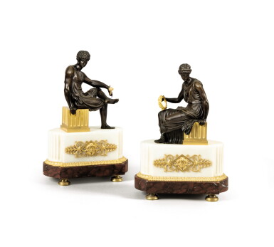 View full screen - View 1 of Lot 219. A PAIR OF EMPIRE PATINATED BRONZE FIGURES | PAIRE DE GROUPES EN BRONZE PATINÉ D'ÉPOQUE EMPIRE.