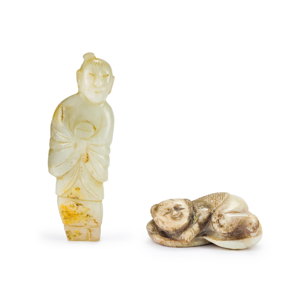 View full screen - View 1 of Lot 2122. Two jade figures Qing dynasty | 清 玉雕立人及持荷童子一組二件.