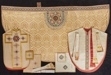 View full screen - View 1 of Lot 261. A group of Pugin Gothic Revival copes and chasubles and other complementary accessories, England, after a design by Augustus Welby Pugin, mid 19th century.