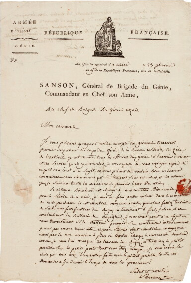 View full screen - View 1 of Lot 105. N.A. Sanson | Letter signed as Engineer-in-chief to the Army in Cairo, about Bouchard at Rosetta, 1801.
