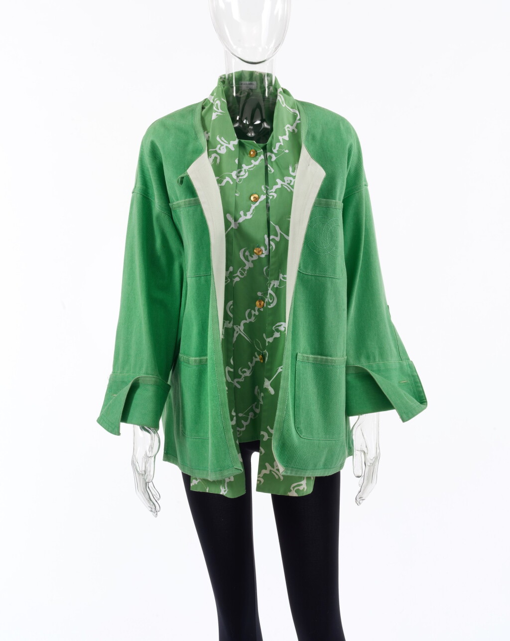 View full screen - View 1 of Lot 152. CHANEL | GREEN DENIM JACKET AND SIGNATURE SHIRT .