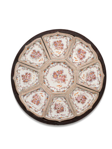 View full screen - View 1 of Lot 56. A famille rose sweetmeat set, Qing dynasty, 18th century | 清十八世紀 外銷粉彩蝴蝶花卉紋攢盤一套九件.