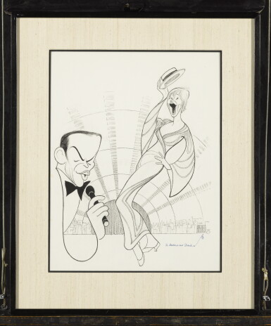 View full screen - View 1 of Lot 1022. AL HIRSCHFELD | FRANK SINATRA AND SHIRLEY MACLAINE AT RADIO CITY MUSIC HALL.