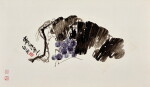 Attributed to Qi Baishi, Grapes, Ink and color on paper, fan leaf