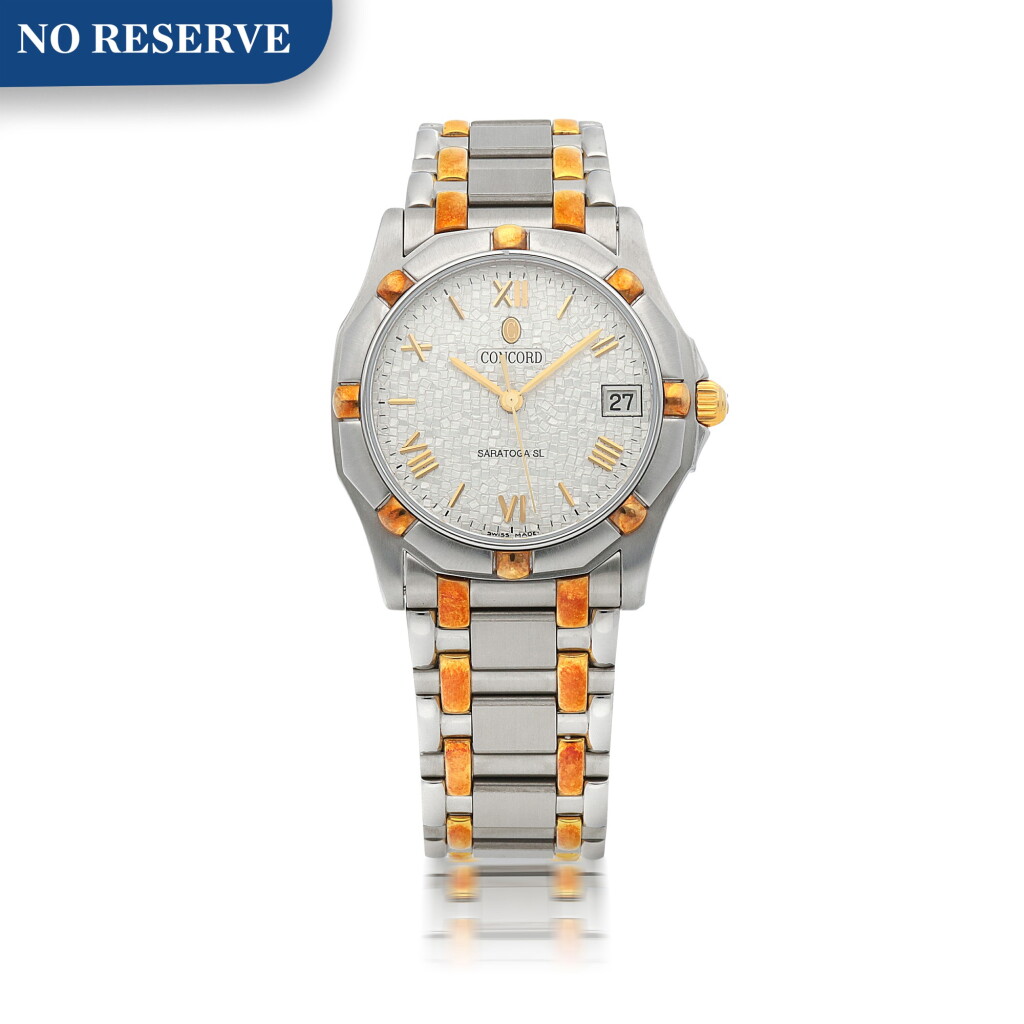 View full screen - View 1 of Lot 158. CONCORD | SARATOGA SL STAINLESS STEEL AND YELLOW GOLD WRISTWATCH WITH DATE AND BRACELET MADE FOR THE SULTANATE OF OMAN CIRCA 1990.