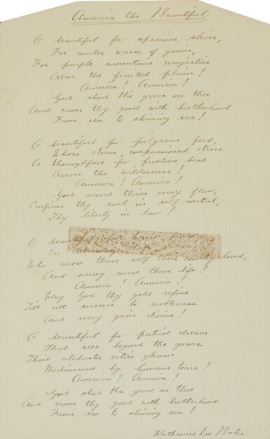 View full screen - View 1 of Lot 1005. Bates, Katharine Lee | Complete autograph transcript of "America the Beautiful".