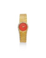 Reference 4181 A6 A yellow gold and diamond-set bracelet watch with coral dial, Circa 1975